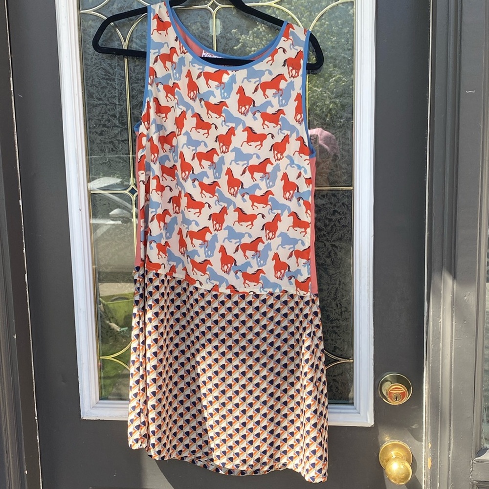 Pink Martini Multicolor Horse Print Mini Dress - Coral, Blue, White